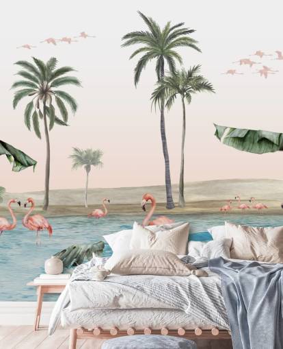 vintage stilillustrasjon av flamingoer ved en tropisk oase tapet vintage stilillustrasjon av flamingoer ved en tropisk oase tapet
