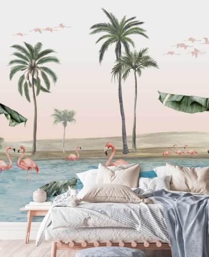 illustration de style vintage de flamants roses par un papier peint d'oasis tropicale