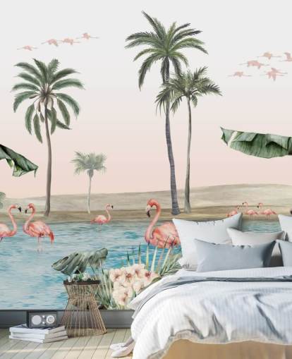 Illustration von Flamingos im Vintage-Stil auf einer tropischen Oasen-Tapete