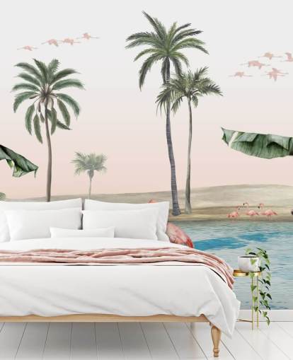 vintage stil illustration af flamingoer ved en tropisk oase tapet vintage stil illustration af flamingoer ved en tropisk oase tapet