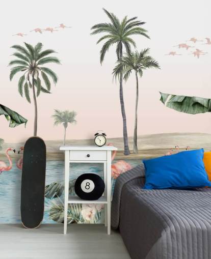 vintage stil illustration af flamingoer ved en tropisk oase tapet