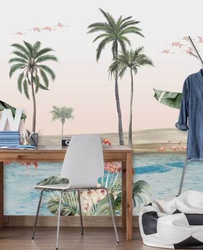 Illustration von Flamingos im Vintage-Stil auf einer tropischen Oasen-Tapete