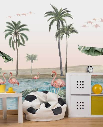 vintage style illustration of flamingos by a tropical oasis wallpaper