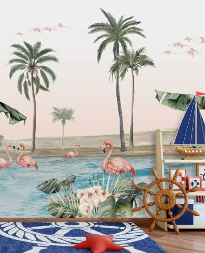 ilustración de flamencos de estilo vintage realizada por un fondo de pantalla de oasis tropical ilustración de flamencos de estilo vintage realizada por un fondo de pantalla de oasis tropical