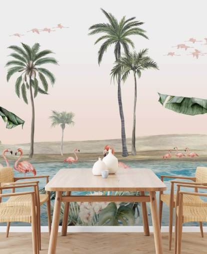 Illustration von Flamingos im Vintage-Stil auf einer tropischen Oasen-Tapete
