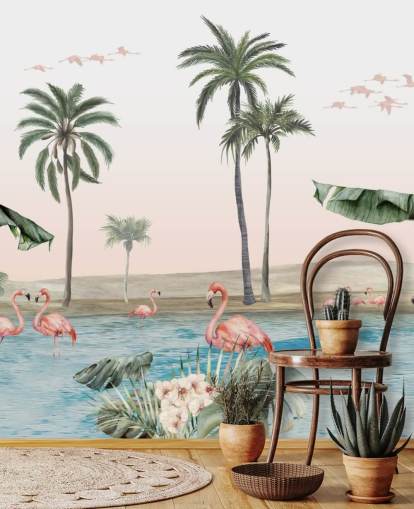 vintage style illustration of flamingos by a tropical oasis wallpaper vintage style illustration of flamingos by a tropical oasis wallpaper