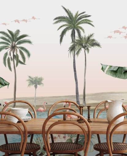 vintage style illustration of flamingos by a tropical oasis wallpaper