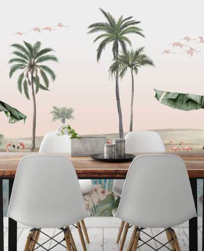 ilustración de flamencos de estilo vintage realizada por un fondo de pantalla de oasis tropical