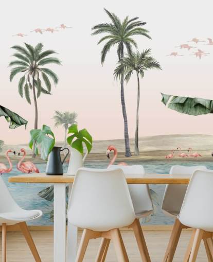 vintage style illustration of flamingos by a tropical oasis wallpaper