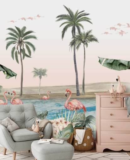 Illustration von Flamingos im Vintage-Stil auf einer tropischen Oasen-Tapete Illustration von Flamingos im Vintage-Stil auf einer tropischen Oasen-Tapete