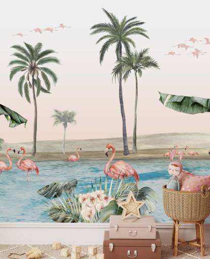 vintage-tyylinen kuva flamingoista trooppisen keitaan taustakuvalla