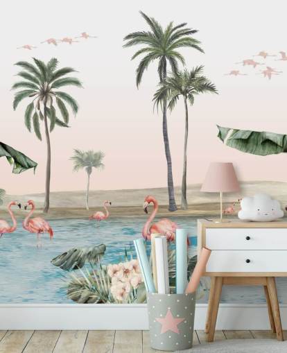 vintage stijl illustratie van flamingo's bij een tropische oase behang