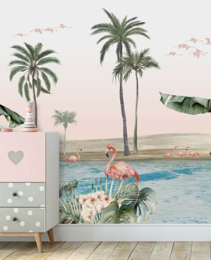 vintage style illustration of flamingos by a tropical oasis wallpaper