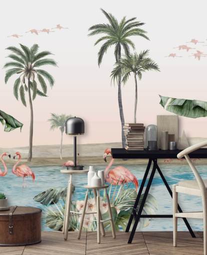 illustrazione in stile vintage di fenicotteri su una carta da parati di un'oasi tropicale
