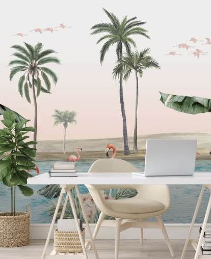illustrazione in stile vintage di fenicotteri su una carta da parati di un'oasi tropicale