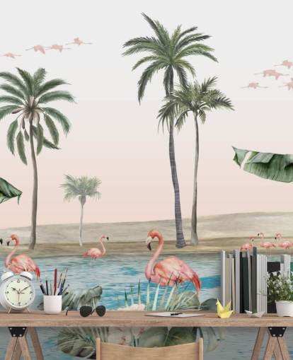 Illustration von Flamingos im Vintage-Stil auf einer tropischen Oasen-Tapete