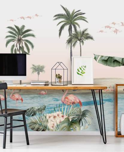 vintage style illustration of flamingos by a tropical oasis wallpaper