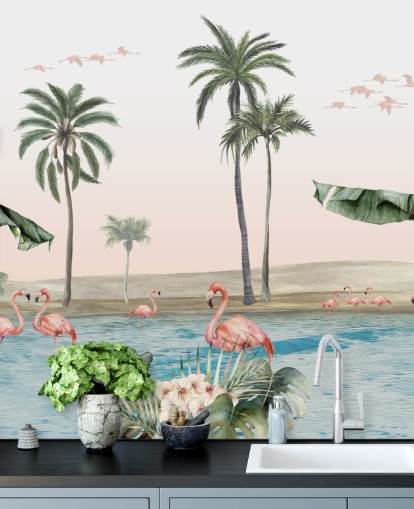 ilustración de flamencos de estilo vintage realizada por un fondo de pantalla de oasis tropical ilustración de flamencos de estilo vintage realizada por un fondo de pantalla de oasis tropical