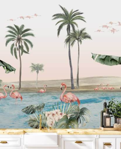 illustration de style vintage de flamants roses par un papier peint d'oasis tropicale