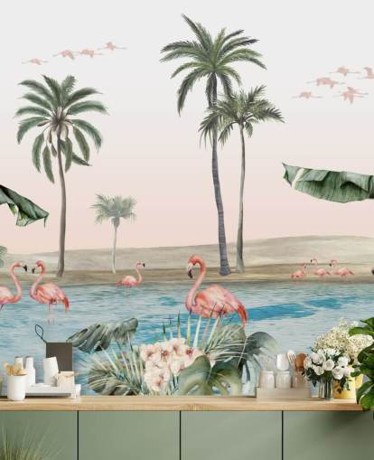 Illustration von Flamingos im Vintage-Stil auf einer tropischen Oasen-Tapete Illustration von Flamingos im Vintage-Stil auf einer tropischen Oasen-Tapete