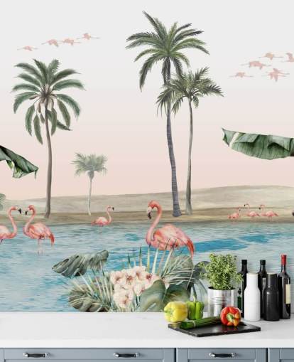 vintage stijl illustratie van flamingo's bij een tropische oase behang