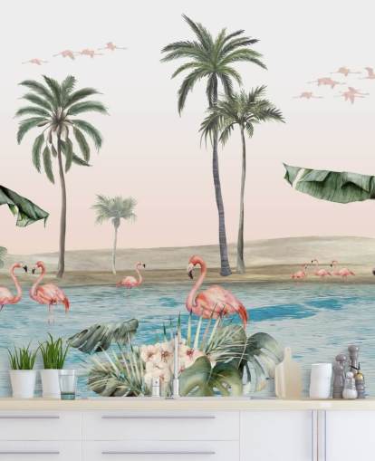 ilustración de flamencos de estilo vintage realizada por un fondo de pantalla de oasis tropical