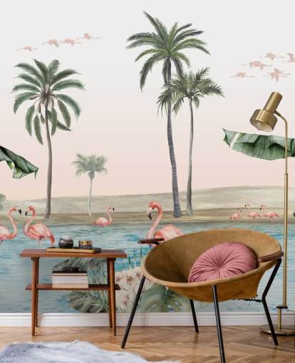 vintage style illustration of flamingos by a tropical oasis wallpaper