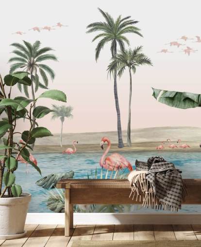 vintage style illustration of flamingos by a tropical oasis wallpaper
