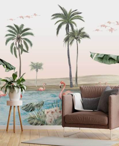vintage style illustration of flamingos by a tropical oasis wallpaper vintage style illustration of flamingos by a tropical oasis wallpaper