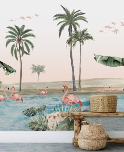 vintage stijl illustratie van flamingo's bij een tropische oase behang