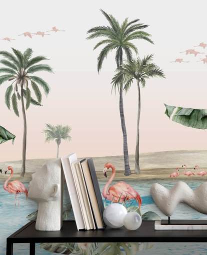 vintage style illustration of flamingos by a tropical oasis wallpaper