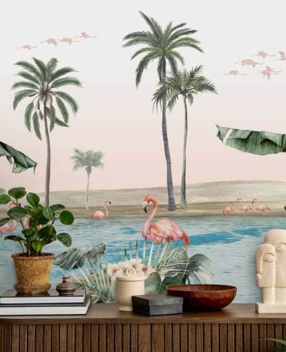 Illustration von Flamingos im Vintage-Stil auf einer tropischen Oasen-Tapete Illustration von Flamingos im Vintage-Stil auf einer tropischen Oasen-Tapete