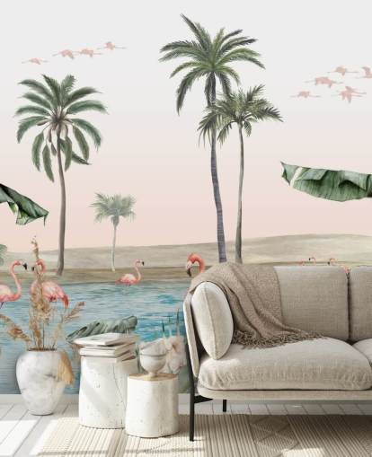Illustration von Flamingos im Vintage-Stil auf einer tropischen Oasen-Tapete