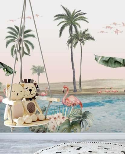 illustrazione in stile vintage di fenicotteri su una carta da parati di un'oasi tropicale