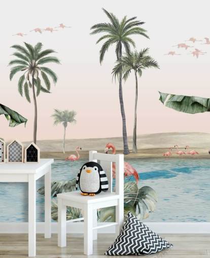 vintage stil illustration af flamingoer ved en tropisk oase tapet