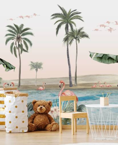 vintage stil illustration av flamingos av en tropisk oas tapet