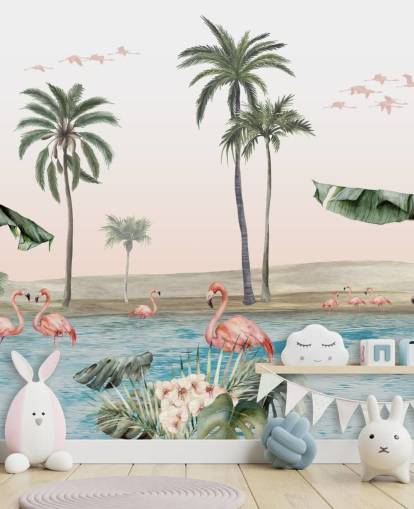 vintage stilillustrasjon av flamingoer ved en tropisk oase tapet