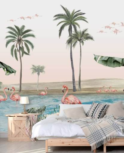 vintage style illustration of flamingos by a tropical oasis wallpaper