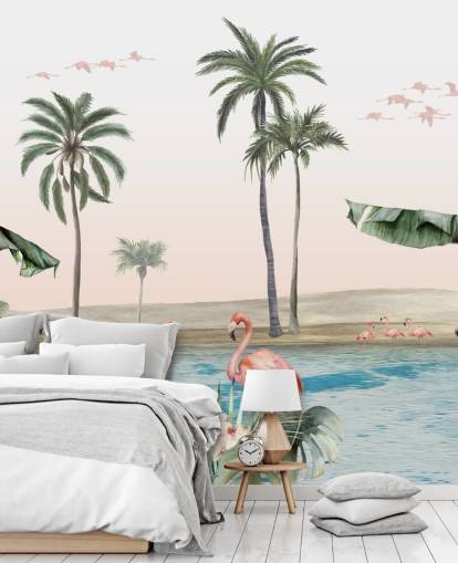 vintage stijl illustratie van flamingo's bij een tropische oase behang vintage stijl illustratie van flamingo's bij een tropische oase behang