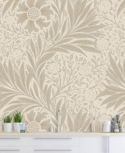 roze goudsbloembehang van William Morris