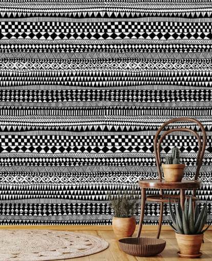 horizontal black and white lines of pattern wallpaper
