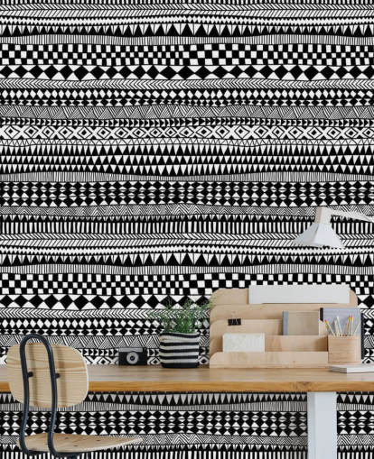 Ethnic Lines Black and White Wallpaper