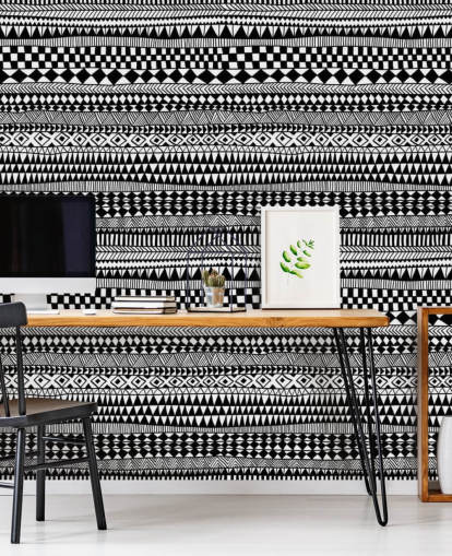 Ethnic Lines Black and White Wallpaper