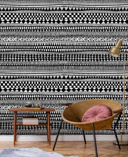 horizontal black and white lines of pattern wallpaper