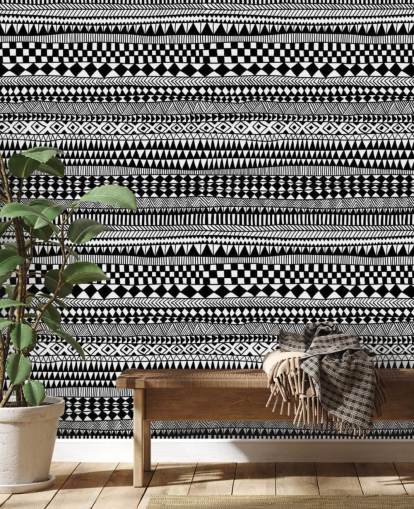 Ethnic Lines Black and White Wallpaper
