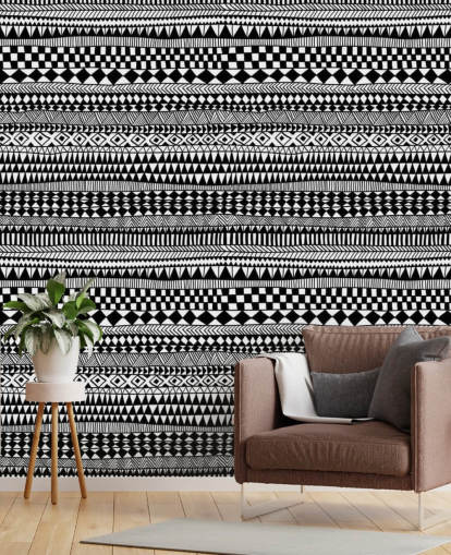Ethnic Lines Black and White Wallpaper