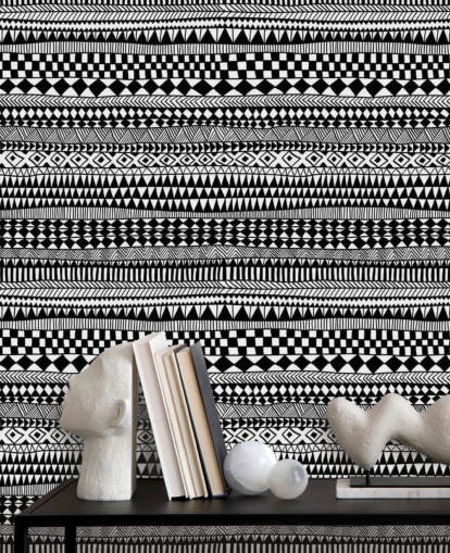 Ethnic Lines Black and White Wallpaper