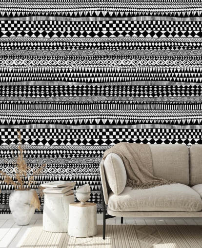 Ethnic Lines Black and White Wallpaper