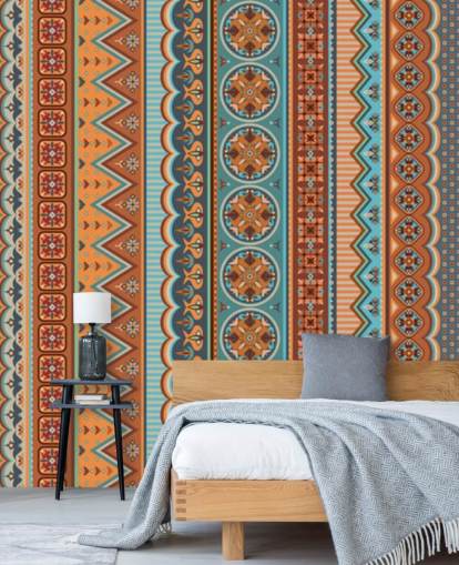 papier peint motif tribal, terre cuite, turquoise papier peint motif tribal, terre cuite, turquoise