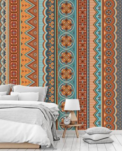 Papel pintado con estampado tribal terracota, turquesa